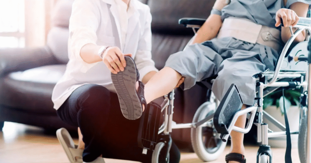 doctor walking to patient in wheel chair