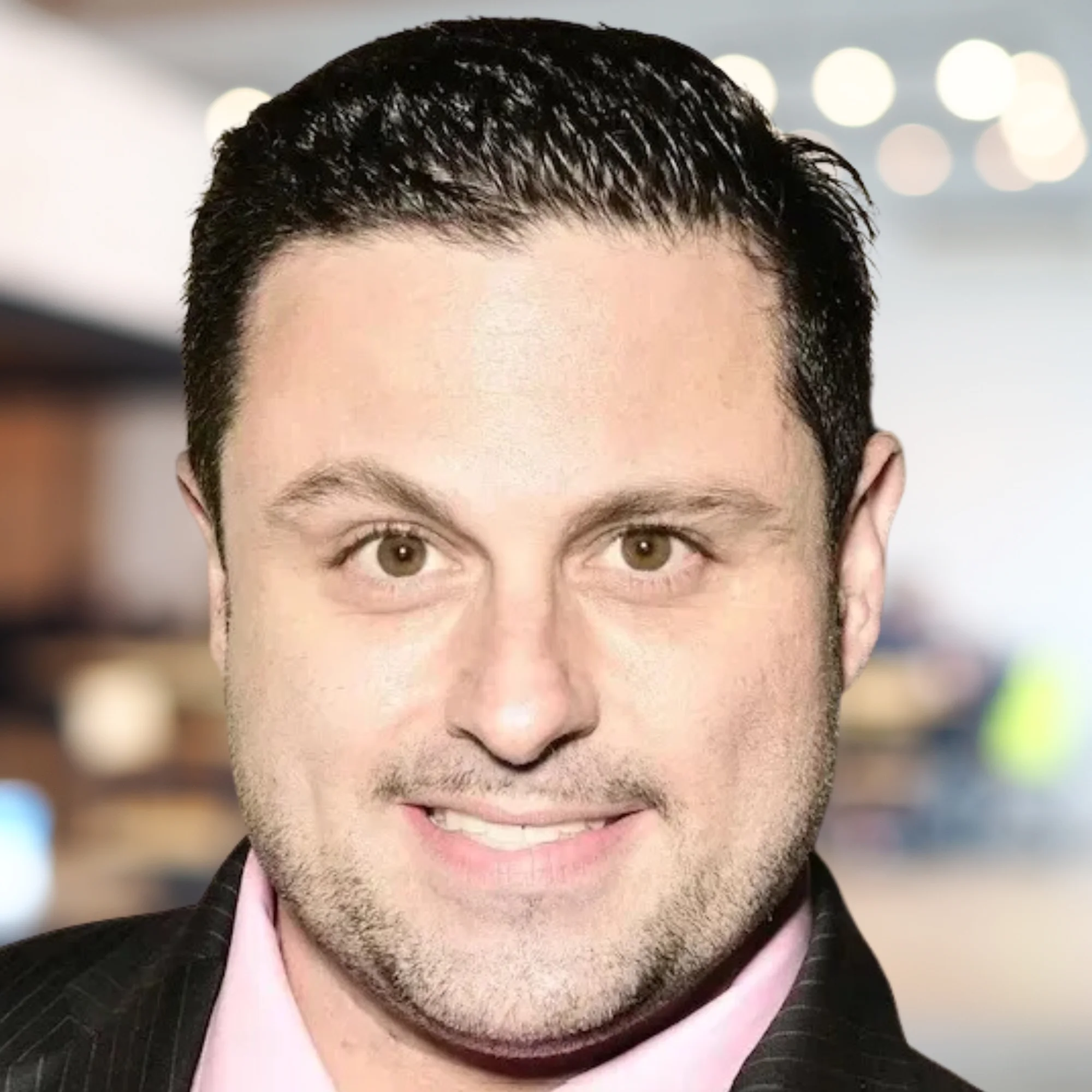 A person with short dark hair, brown eyes, and light skin is smiling. They are wearing a dark suit and a light pink shirt. The background is a blurred indoor setting with soft lighting.